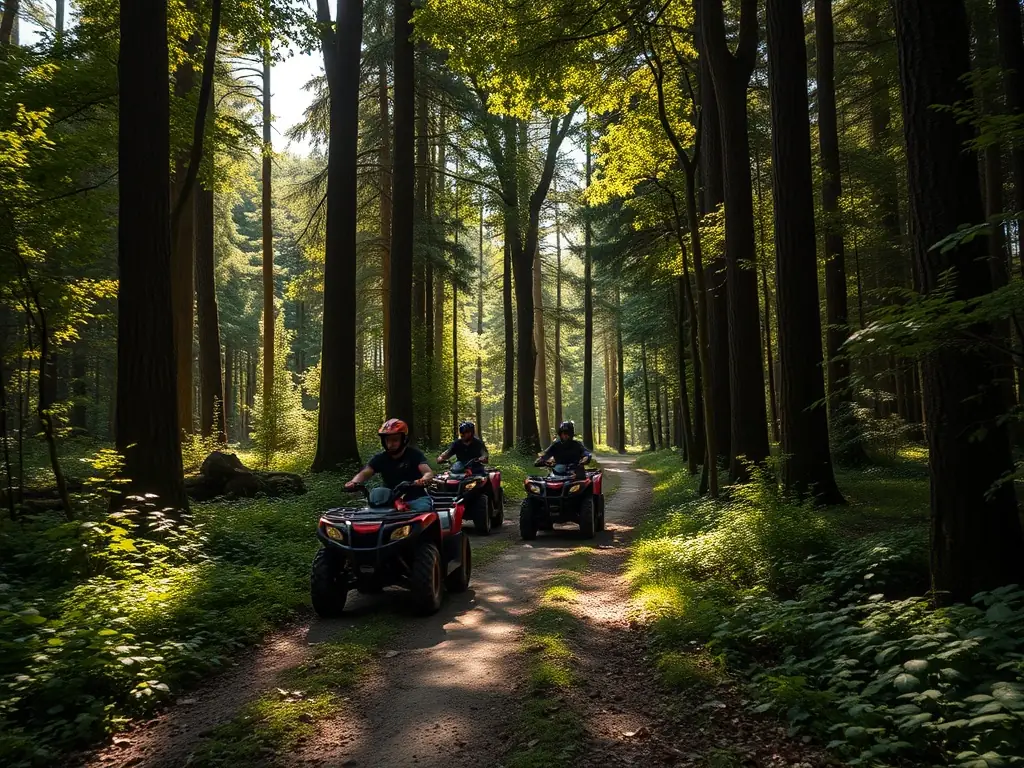 A scenic shot of quad bikers riding through a lush forest trail, emphasizing the beauty of nature and the responsible enjoyment of outdoor recreation. The image highlights environmental awareness and sustainable riding practices.