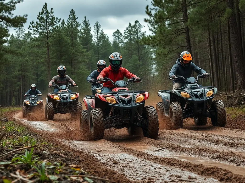 A group of quad bikers riding through a muddy trail in a forest, showcasing the adventure and excitement of off-road riding.