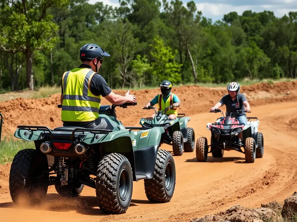 A professional quad biking instructor is demonstrating proper riding techniques to a small group of participants on a dirt track. The focus is on safety and skill development, with the instructor providing personalized feedback.
