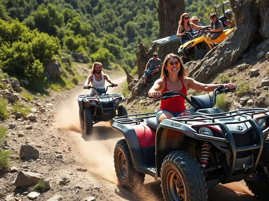 A group of riders navigating a scenic trail on quad bikes, with instructors guiding them and lush greenery in the background, showcasing the Quad Biking Programs.