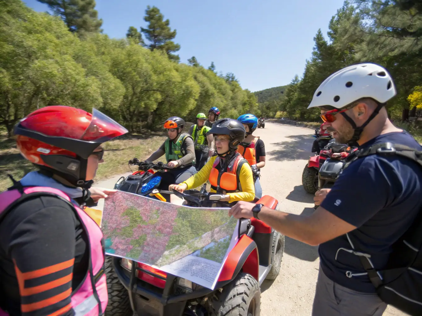 A photo of participants learning basic quad biking techniques in a controlled environment, emphasizing safety and skill development.