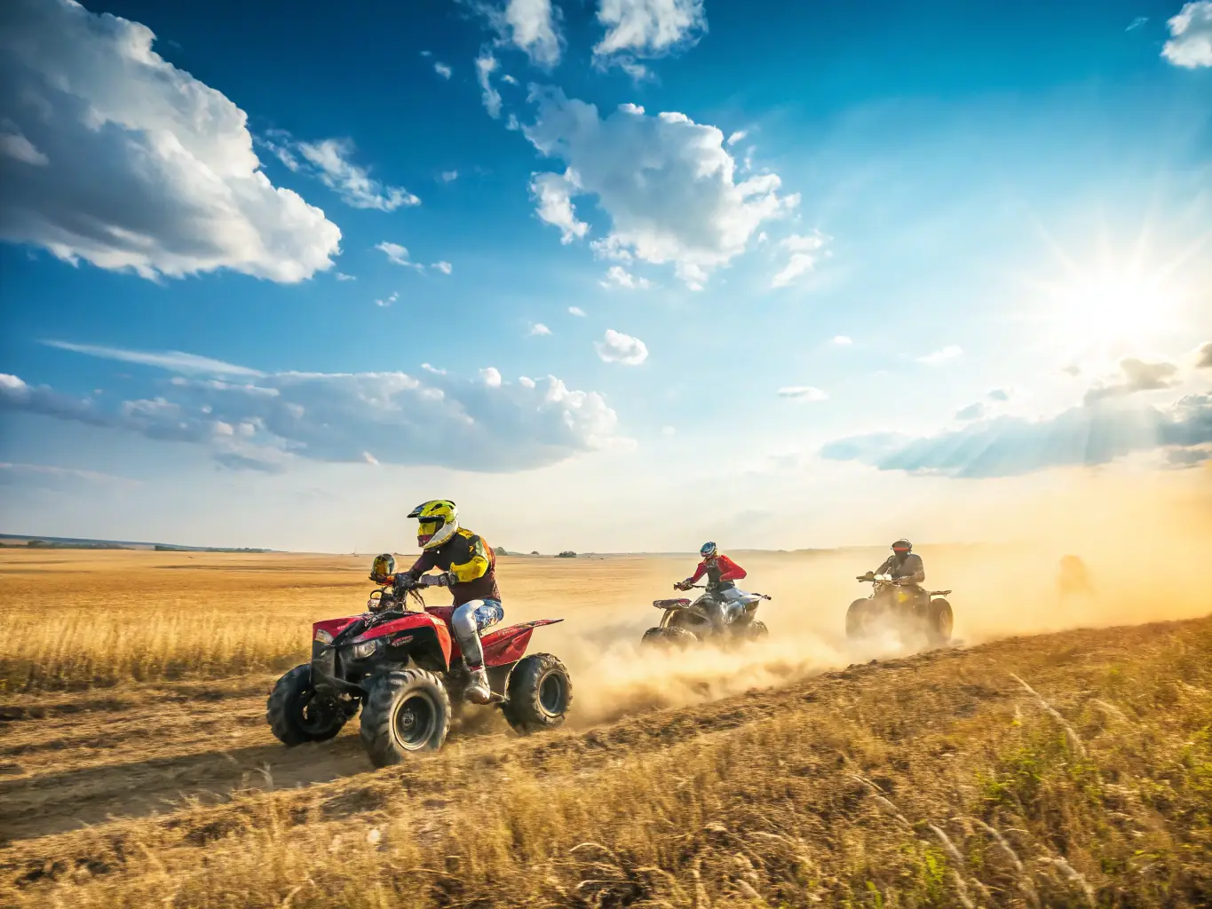 A dynamic shot of a quad bike event with participants racing and cheering, capturing the excitement and community spirit.